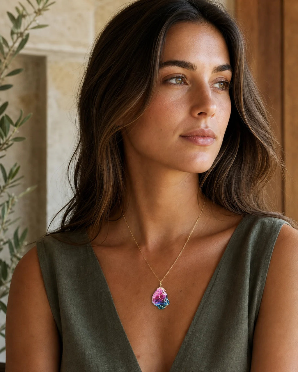 Seven-stone crystal pendant necklace styled for Earth