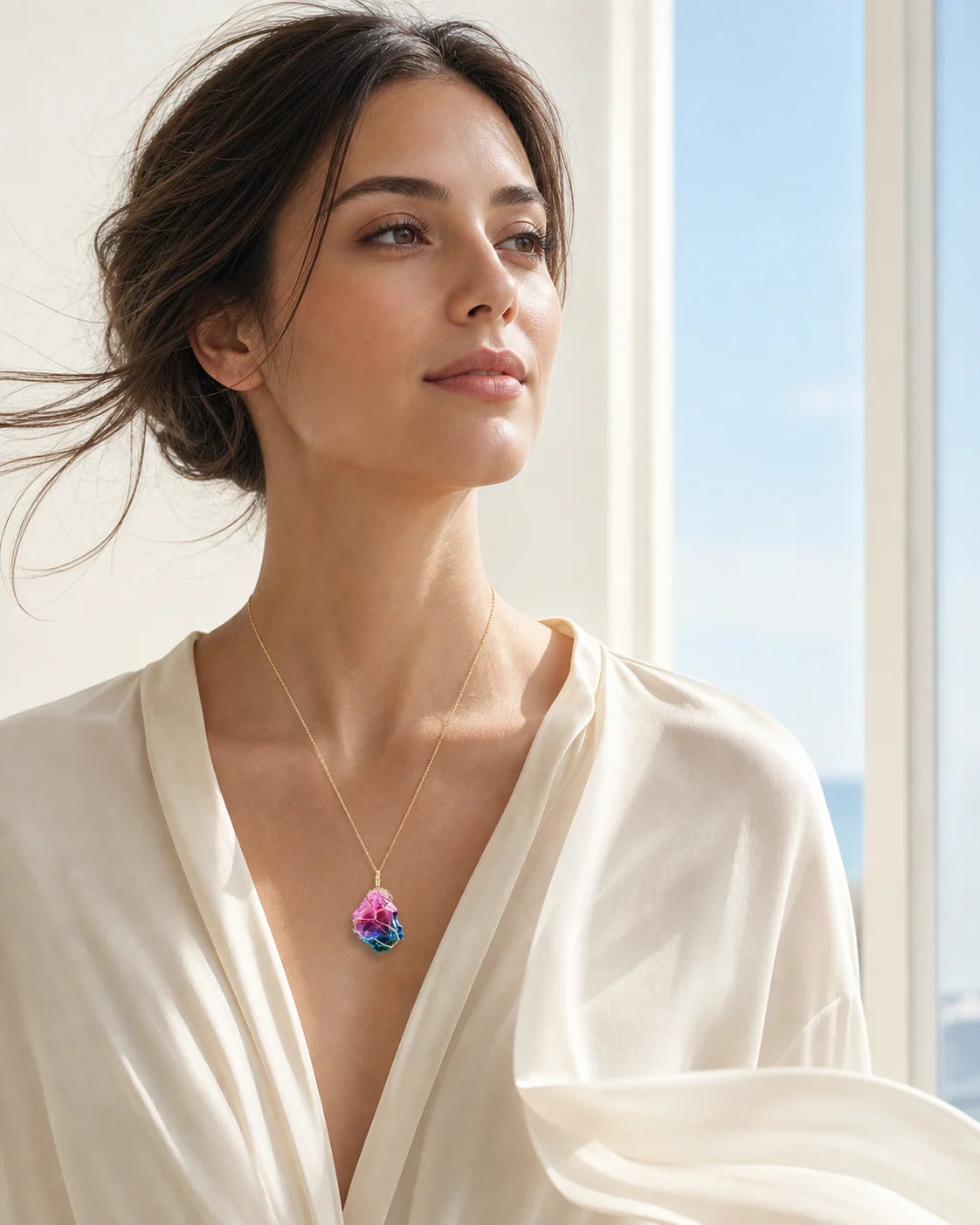 Seven-stone crystal pendant necklace styled for Air