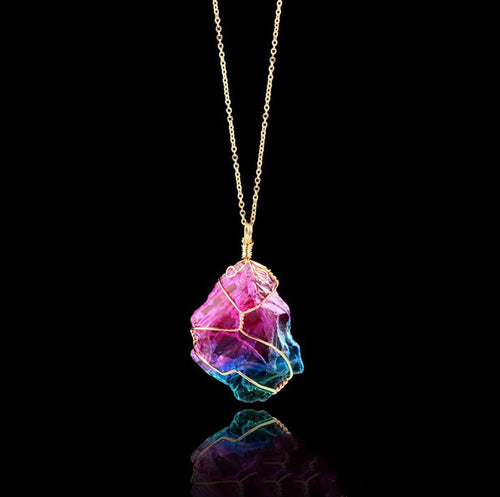 Seven colorful stones in a gold-tone wire-wrapped pendant