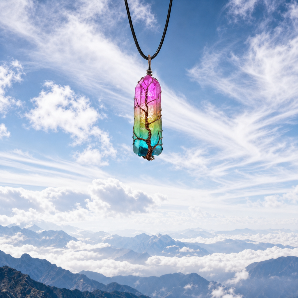Air Element Tree of Life pendant with black cord above mountains and clouds