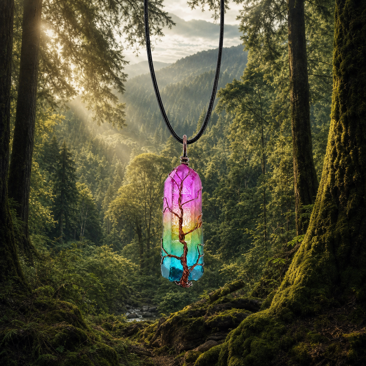 Earth Element Tree of Life pendant with black cord in an ancient forest