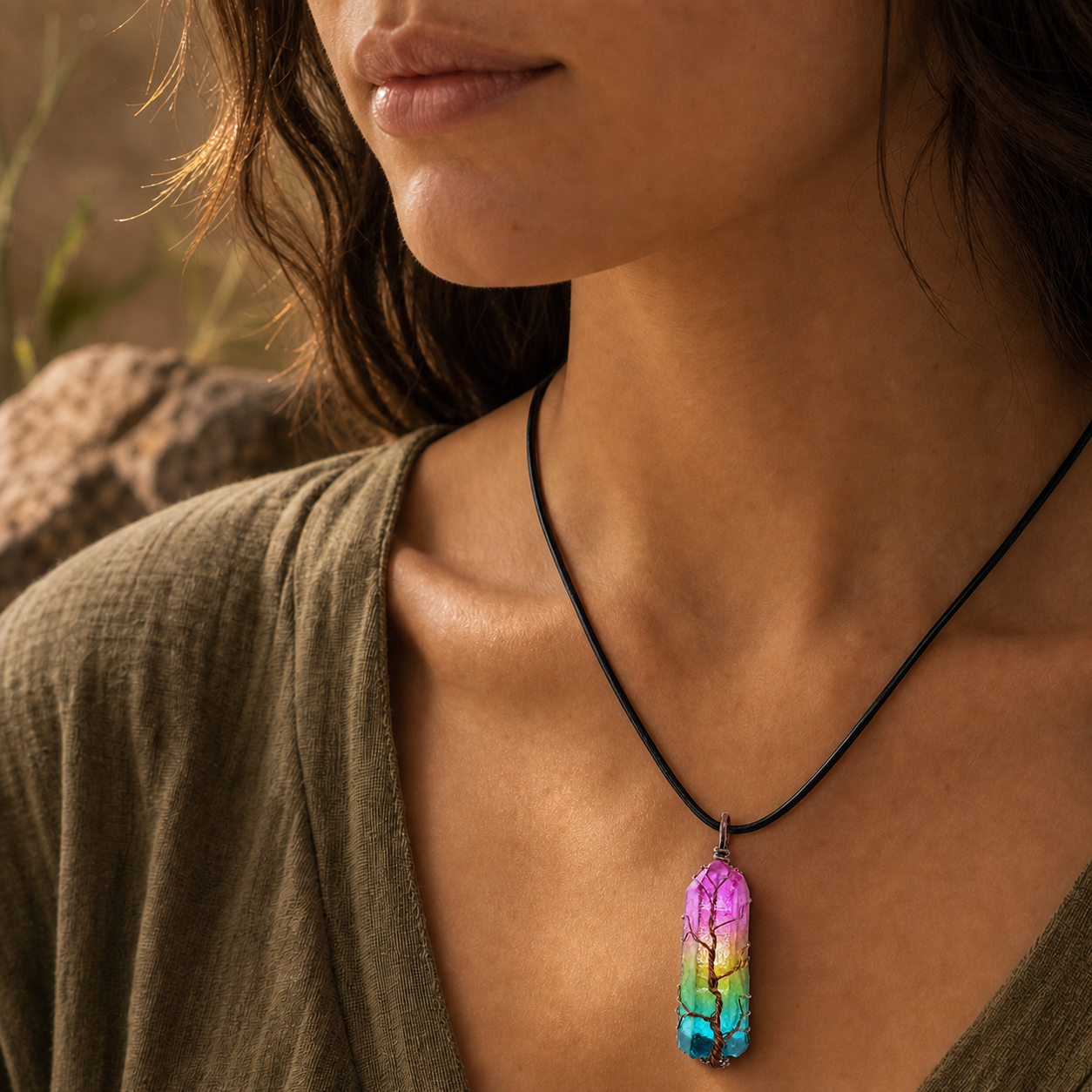 Earth Element Tree of Life pendant worn at true-to-life scale on black cord