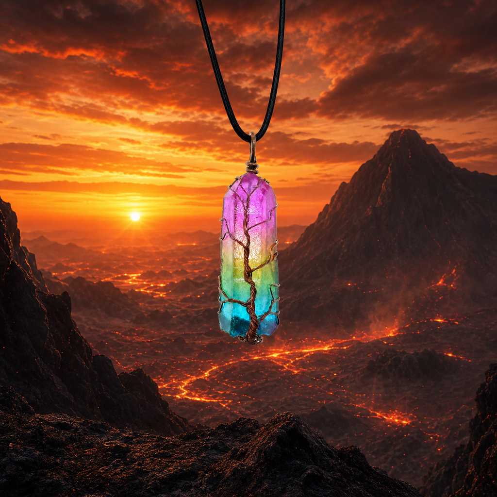 Fire Element Tree of Life pendant with black cord in a volcanic landscape
