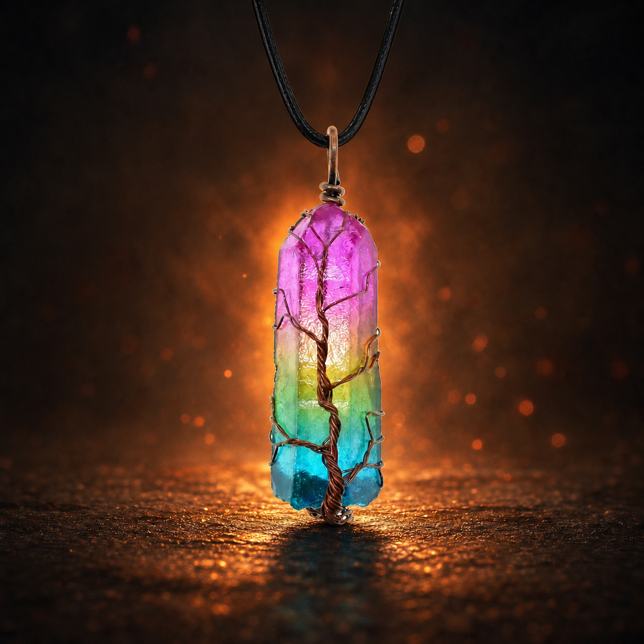 Fire Element Tree of Life pendant on black cord