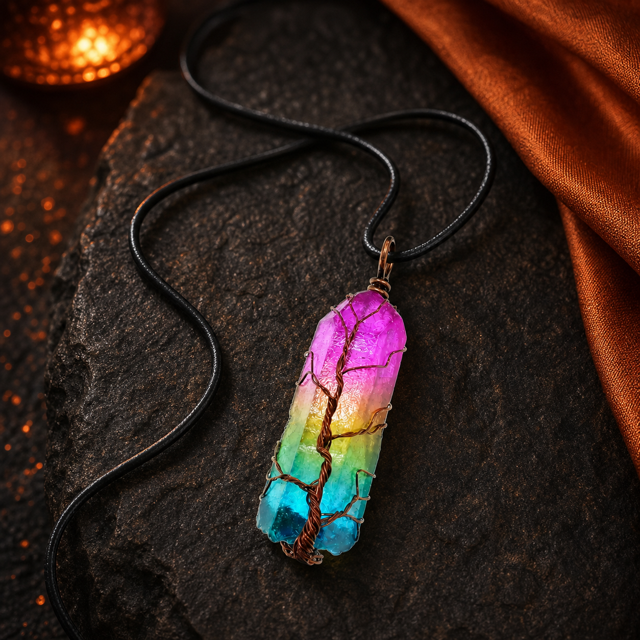 Fire Element Tree of Life pendant ritual flat lay with black cord