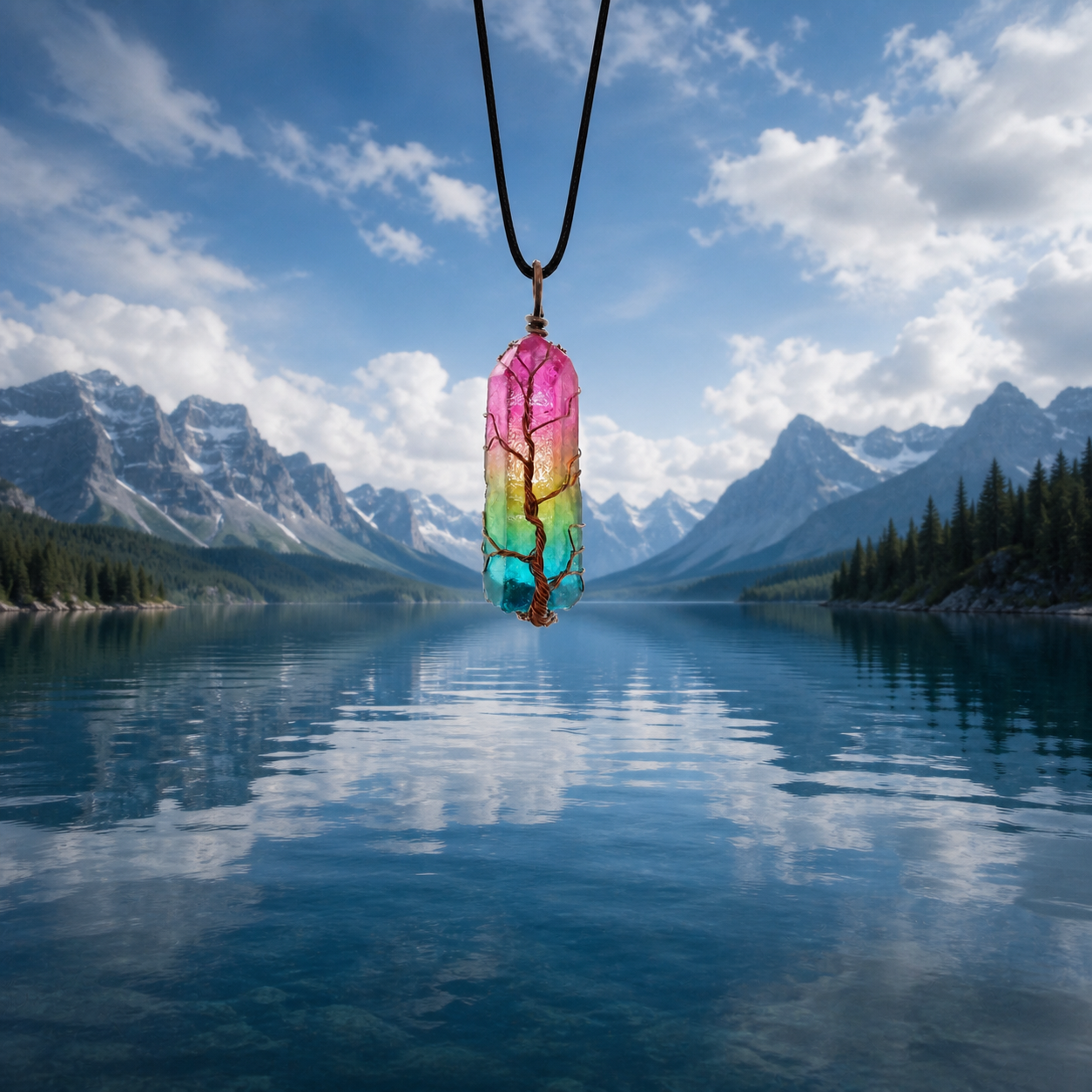 Water Element Tree of Life pendant with black cord above an alpine lake