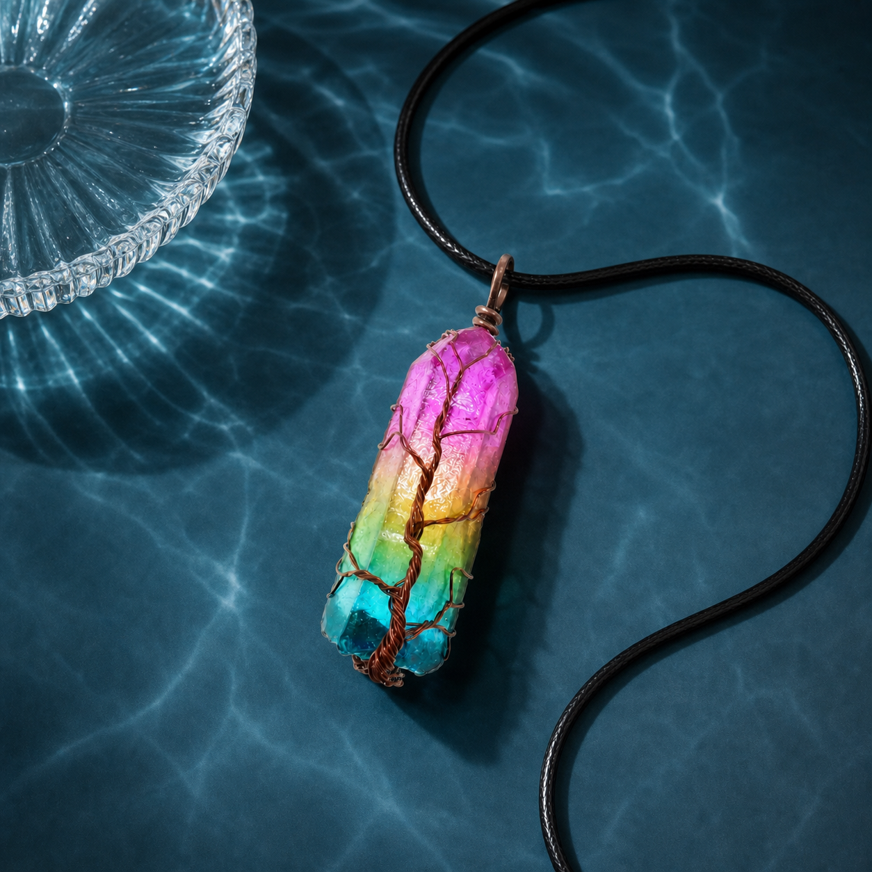Water Element Tree of Life pendant ritual flat lay with black cord