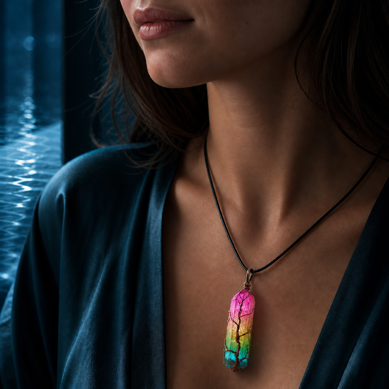 Water Element Tree of Life pendant worn at true-to-life scale on black cord